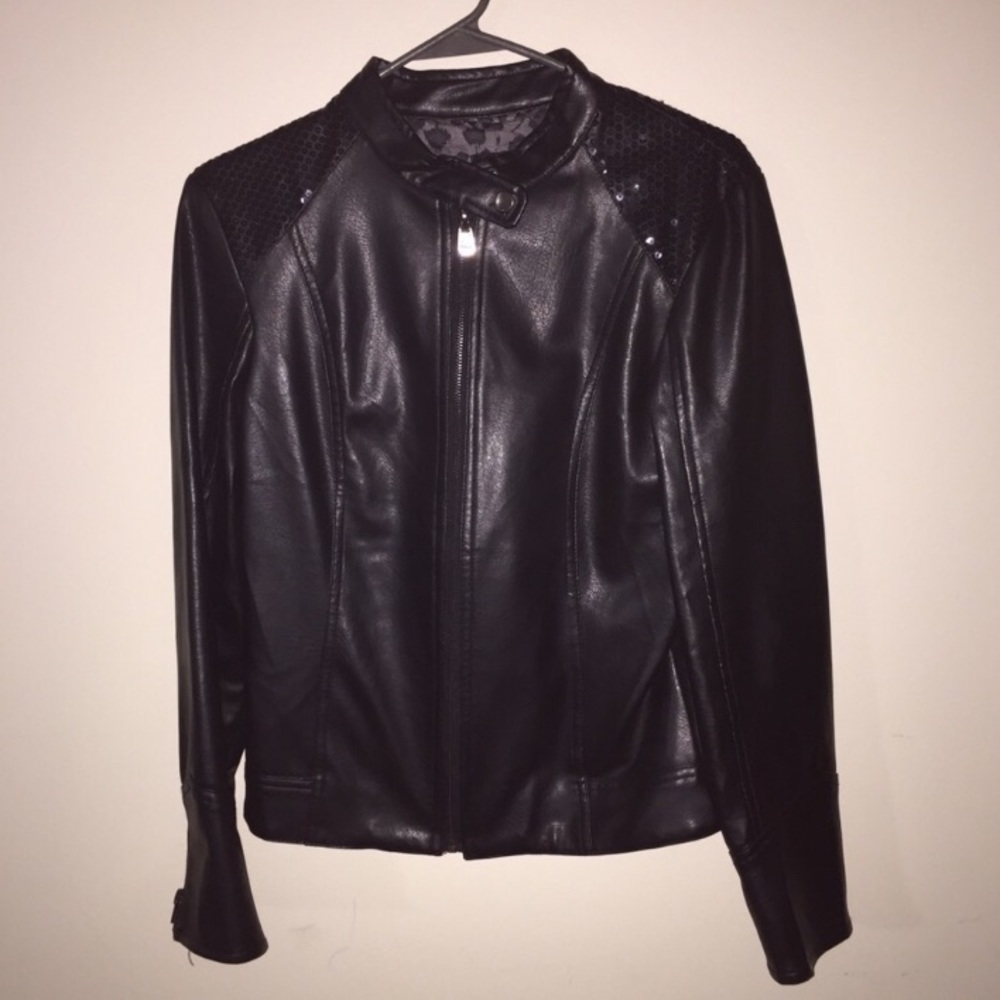 RAMPAGE FAUX LEATHER SEQUINED SHOULDERED JACKET
